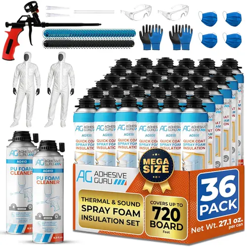 ADHESIVE GURU AG930S Closed Cell Polyurethane Spray Foam Set - Heat & Sound Insulation Kit for Walls, Granite Applications with Included Foam Cleaner