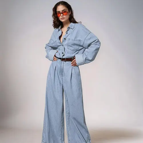 Women's Pocket Denim Jeans Jumpsuit without Belt, Casual Fashion Wide Leg Light Wash Denim Jumpsuit for Daily Wear, Casual Loose Jumpsuits, Ladies Clothes for All Seasons Womenswear