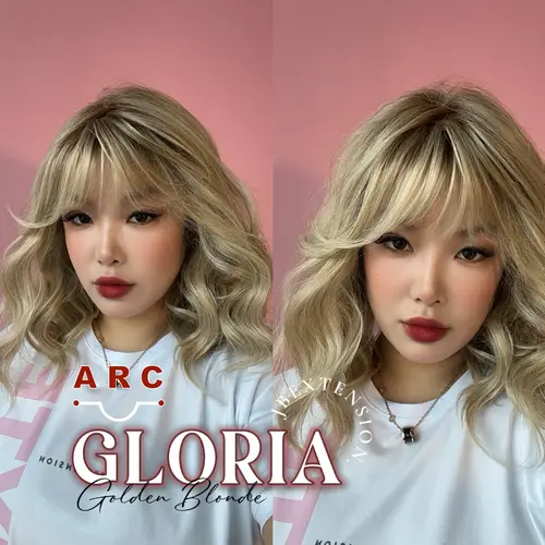 JBEXTENSION 14 Inches Curly Blonde Wig with Bangs Pre-Cut Arc Snowflake Lace Frontlace Glueless Wig GLORIA【BENDY EAR TABS】
