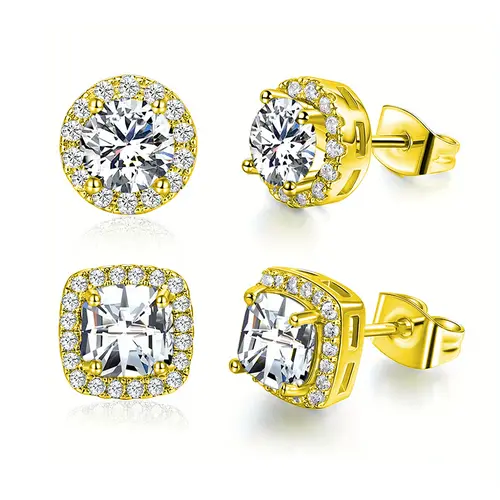 2 pair Earring 18K Gold Plated Set Men Women. Features VVS - cut round and square gemstone earrings. These delicate, elegant and stylish accessories are for pierced ears.TikTokShopBlackFriday
