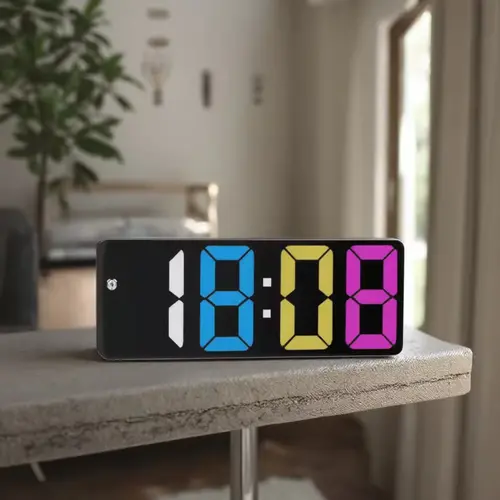 Ultra Mini-Size LED Clock Simplicity Colorful Alarm Clocks Portable Travel Bedroom Bedside Clock 12/24H Display 6.3inches Large Display LED Digital Snooze Time Date Temperature Memory 3 Brightness Adjustable USB/Battery Powered Living Office Desk