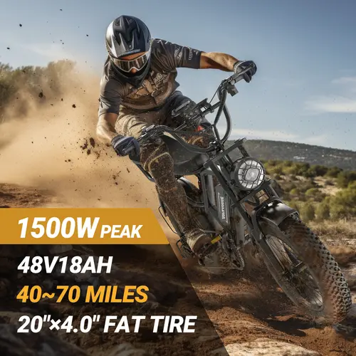 VOLTVOGUE Electric Bike Peak Power 1500W Full Suspension E-Motorcycle, Top Speed 31MPH, Range 40-55 Miles, 48V 15.6Ah Removable Battery, 2-Seater, LED Headlights, 20-Inch All-Terrain Fat Tires, UL 2849 Certified【 BK20】