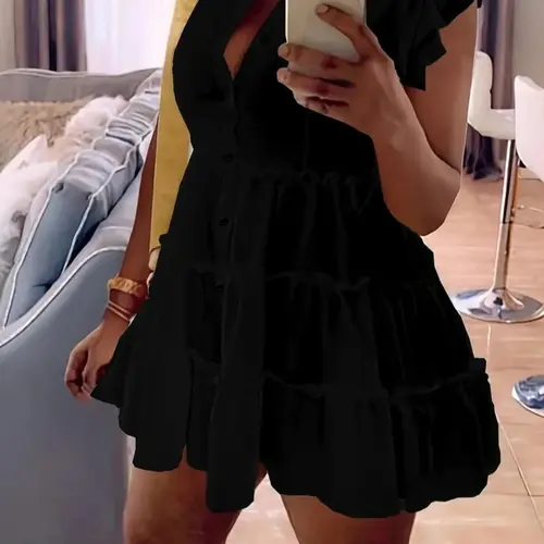 [Plus Size] Solid Ruffled Trim Tiered Layer Shirt Dress Button, Casual Cap Sleeve Collared Dress for Summer, Women's Chic Daily Wear Dress