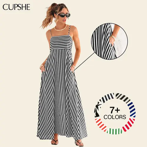 CUPSHE Women's Casual Wear Sleeveless Waist-Striped Maxi Dress - Lady's Viral Flattering Square Neck Boho Style Dresses with Ruffle Hem, for Beach Vacation (Sizes XS-XXL)  , Women's Clothes, Summer Flowy Dresses,summeroutfits,vacationoutfit #summerfinds
