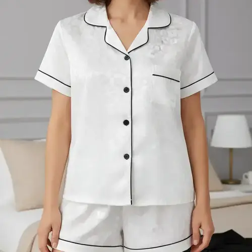 Women's Leopard Print Contrast Trim Lapel Neck Pajama Two-Piece Set, Comfort Loungewear Homewear PJ Set, Short Sleeve Button Up Top & Shorts PJ Set, Casual Sleepwear Set for Women, Outfit, Fit, Fabric, Pyjamas, Lady, Thin, Nightwear Pajama Set