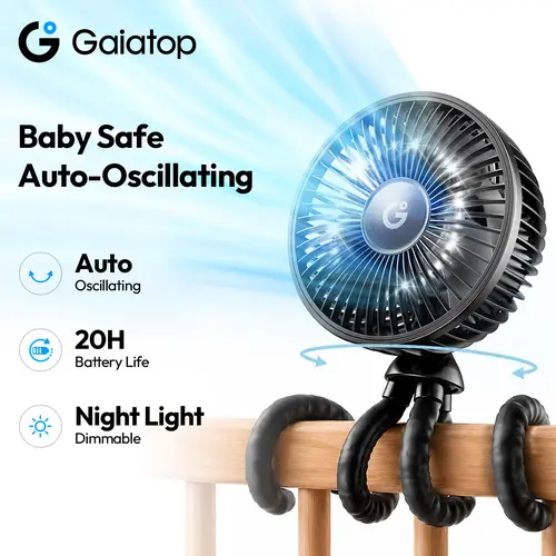 GAIATOP Auto-Oscillating Clip-On Baby Stroller Fan with Mosquito Repellent, 20H Battery Life Rechargeable Wind Fan, Flexible Octopus Design for Cribs, Car Seat, Travel Accessory, Nightlight, Family Gift