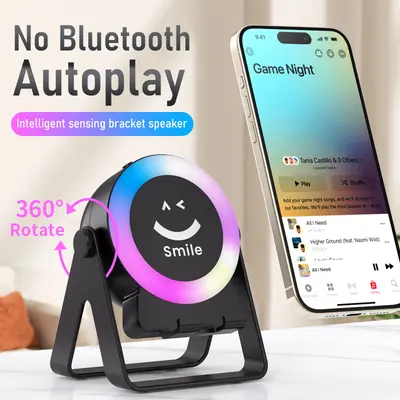 Wireless Induction Speaker, Cell Phone Stand with Bluetooth Speaker, Stereo Sound, RGB Ambient Light, Phone Holder Compatible with iPhone/iPad/Android/Samsung Galaxy-Black Adjustable Anniversary, Birthday, Audio,father'sdaygifts