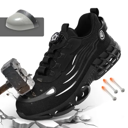 Furuian Men's Steel Toe Safety Shoes Black Air Cushion Kevlar Sole Anti-Puncture Anti-Slip Work Sneakers for Outdoor Industrial Construction Summer Vibes