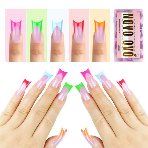 NOVO OVO French Tip Duck Feet Nail Tips 5 Mix Color Full Cover for Press on Acrylic with Moon Curve, Need Top Coat and Builder Gel, Thick Medim Soft Gel Fake False Nail Extension X 15 Sizes 150 Pcs【DOES NOT INCLUDE: LIGHT, GLUE, BUILDER GEL】