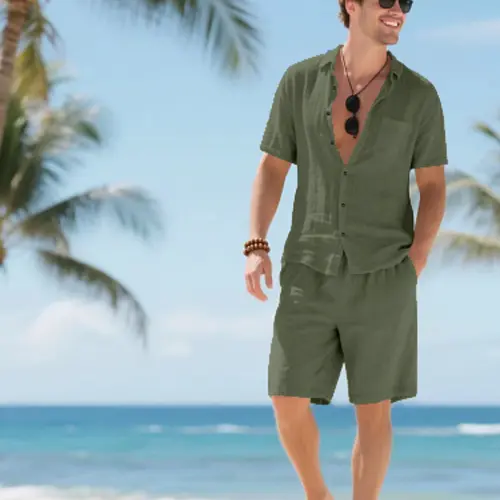Men's Solid Color Breathable Linen Shirt & Shorts Set, Regular Fit Classic Casual Short Sleeve Button Down Top & Shorts, Men's Tropical Summer Outdoor Resort Wear Set for Vacation Holiday Beach
