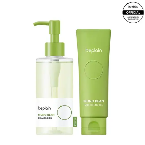 Beplain Mung Bean Cleansing Oil (200ml) & Peeling Gel (120ml) Exfoliating Duo, Gentle Korean Skincare Set with Panthenol, Soft Exfoliating Face Treatment, Gentle Resurfacing for All Skin Types, Facial Skin Care Products (2-3X Weekly Use)