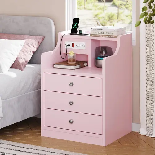Sikaic Nightstand with Charging Station, Pink Night Stand with Hutch, Bedside Table with Drawers, Bedside Table with Storage, Home Furniture Christmas Gifts [SohoChic]