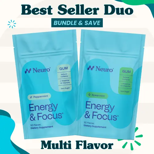 Best Seller Duo - Energy & Focus Caffeine Gum - Multi Flavor (2-Bulk Pouches)