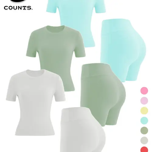 Two-piece Set Women's Solid Color Tee & High Waist Skinny Shorts Tracksuit Set, Sporty Casual Breathable Set for Yoga Gym Workout Running, Ladies Summer Sportswear, Activewear