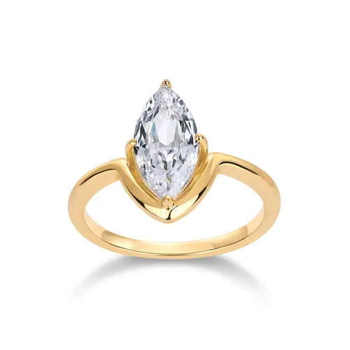 PAVOI 14K Gold Plated Marquise Cubic Zirconia Engagement Ring for Women - Trendy Solitaire Promise Jewelry - Fake Wedding Ring