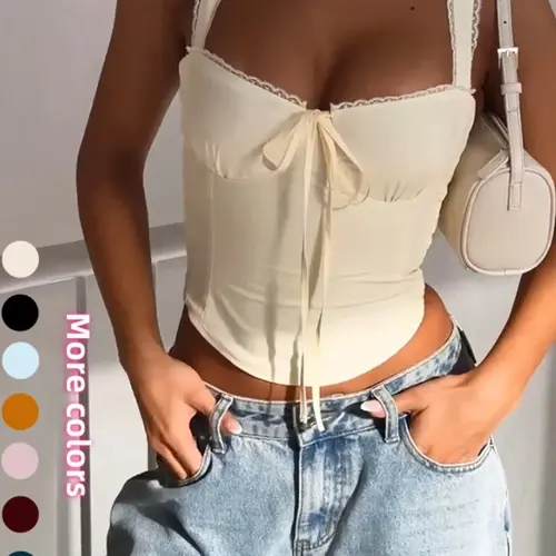 Women's Solid Color Lace Trim Crop Tank Top, Fitted Tank Top, Crop Camisole, Casual Sleeveless Cropped Top for Summer, Fashion Women's Top for Daily Wear