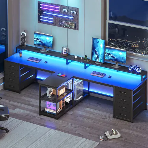 Sedeta 94.5-Inch Modern 2-Person Metal & Wood Gaming Desk, Multi-Functional Home Office Computer Desk with LED Lighting, 8 Storage Drawers, Power Outlet, Furniture