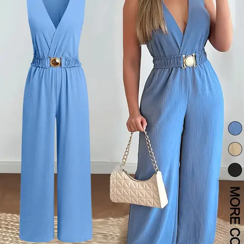 Women's Solid Ruched Belted Jumpsuit, Casual Sleeveless V-Neck Jumpsuit, Fashion Plain Jumpsuit with Belt, Women's Clothes for Daily Wear