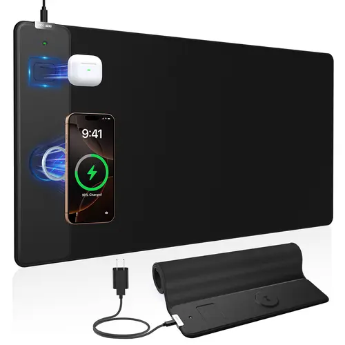 SummerWins XXL Rectangular Computer Mouse Pad - 31.5"x15.8" PU Leather Desk Mat with Built-in Charger, Waterproof Smooth Surface, Non-Slip Base for Office PC Gaming, Durable for Mechanical Gaming Keyboard