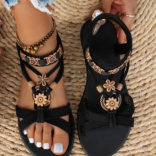 Women's Fashionable Summer Bohemian Trending Sandals, Elegant Floral Sandals, Lightweight Strappy Sandals, Boho Style Black Flat Sandals for Summer Beach Vacation, Versatile Shoes for Women & Girls, Footwear, Casual Trendy Sandals, Ankle Strap Sandal