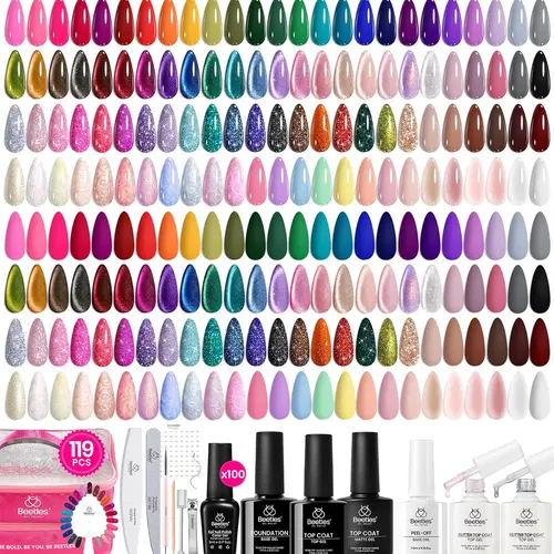 Beetles Smooth Flawless Glossy Gel Nail Polish Set - 100 Colors (5ML) with Base & Top Coat, Soak-Off UV Gel for Daily Manicure, Glitter Options Included, DIY Home Use Gifts for Women