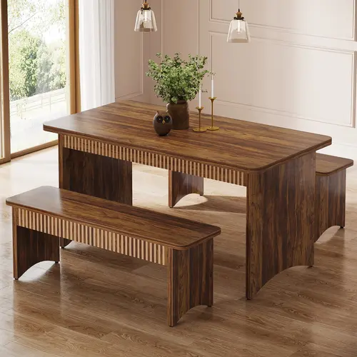Spaco Farmhouse Dining Table Set - 55-Inch 3-Piece Wood Kitchen Set with 2 Benches, Space-Saving for Small Spaces, Indoor Home Furniture for 4-6 People, Farmhouse Table Set, Dining Table Set Of 4,dorm essentials,home decor