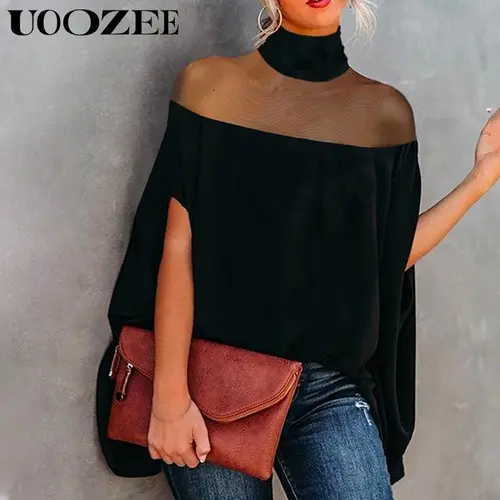 UOOZEE Women's High Neck Batwing Long Sleeve Knit Blouse - See-Through, Minimalist, Comfortable, Elegant Loose Check Top, Black (Upgraded Version) - Stylish Women's Wear Tops (Note: Order Smaller Size; Sizing Runs Large)