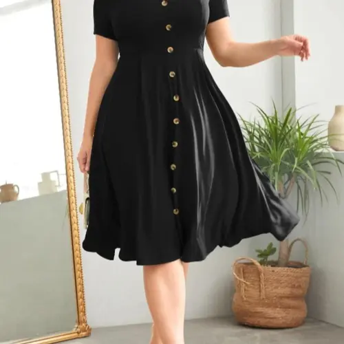 【Plus Size】Solid Color Button Front Dress, Basic Fashion Elegant Chic Casual Short Sleeve Dress for Daily Outdoor Wear, Women Plus Clothing for Summer, Vneck, V Neckline Design, Womenswear