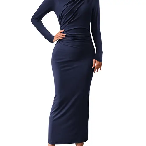 BTFBM Women Bodycon Maxi Dress Long Sleeve Back Slit Ruched Elegant Party Cocktail Formal Spring Wedding Guest Dresses