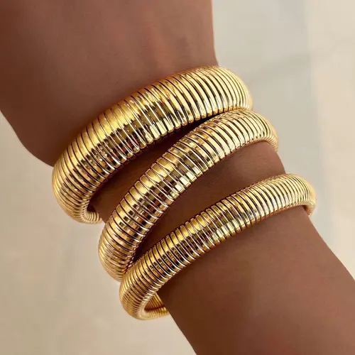 Women's 14K Gold Plated Chunky Stackable Bracelets Set (3PCS), 17KM Waterproof Non-Tarnish Gold Jewelry, Summer Accessory Gifts for Her, Gold Plated Bracelet, Stackable Bracelet