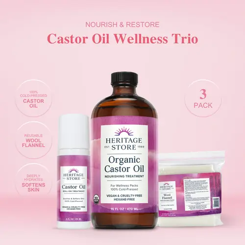 HERITAGE STORE Organic Castor Oil with Wool Flannel Applicator - Body Care, Cosmetic, Moisturizing Selfcare Product for Daily Castor Pack Routine