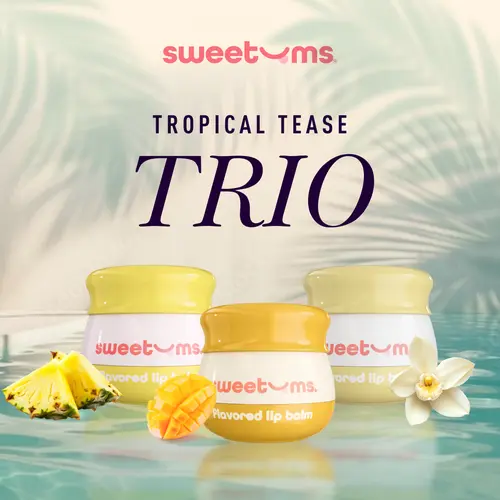 SWEETUMS The Tropical Tease Trio Lip Balm Bundle Vanilla, Mango, and Pineapple buy two get three glossy hydrating jojoba oil Smooth Hydrate Lips Lip Care Routine Smooth Hydrate Lips Lip Care Routine Lip Care Cosmetics Melting Lip Balm