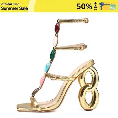 AOSPHIRAYLIAN Women's Square Toe Elegant Party Shoes - Gold Gem Footwear, Interlinked Hollow Heel, Adjustable Buckles, Scratch-Resistant PU Leather, Comfortable Glamorous Formal Sandals for Bridesmaids Party Wear