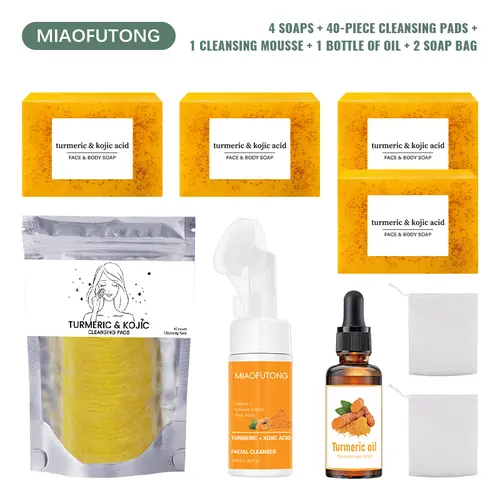 Lemon Kojic Acid Turmeric 9-Piece Gentle Brightening Skincare Kit - Cleanser, Mousse, Acid Soap, Essential Oil, Wipe, Full Body Cleansing, Moisturizing, Dark Spot Remover