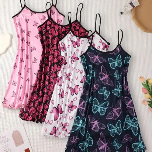 Women's All Over Print Cami Sleeveless Nightdress, Casual Soft Comfortable Spaghetti Strap Nightgown for All Seasons, Lady's Sleepwear for Indoor Wear, Breathable Sleep Dress
