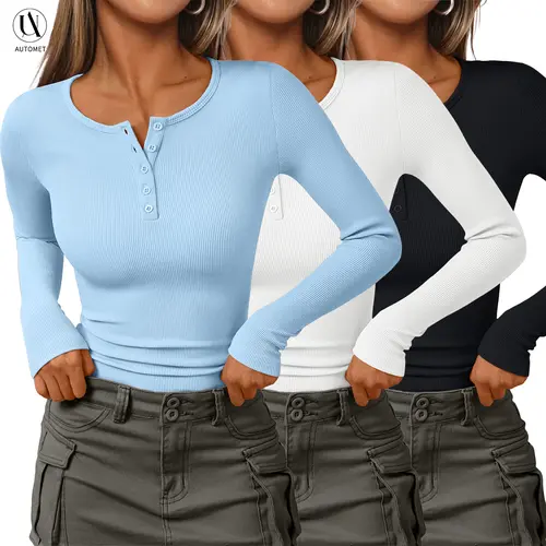 AUTOMET Women's 3-Piece Minimalist Long-Sleeve Round Neck Ribbed Blouses - Plain Button-Front Basic Casual Women's Clothes, Shirts for Everyday Wear,summerwins,summeroutfits,vacationoutfits,beachoutfits,back to school,back to school shopping