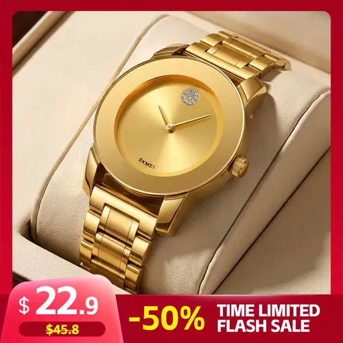 SKMEI Watch for Women Minimalist Dress Wristwatch Stainless Steel Band Quartz Analog Gold Silver Black Round Case Elegant Fashion Timepiece Style for Work Office Commuting Dates and Daily Wear