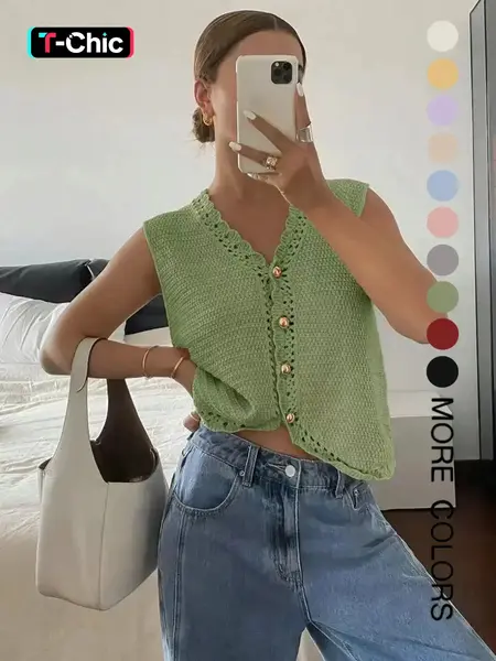 Women's Plain Button Front Cardigan, Button Up Cardigan, Casual Basic Fitted Crochet-Knit Cardigan for Summer, Casual Comfy Top, Fashion Women's Sleeveless V-Neck Knitwear for Daily Wear, Womenswear, Knitting, Knitted