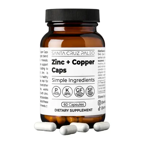 Santa Cruz Paleo Zinc + Copper Caps - 60 Servings - Supports Skin, Hormone, Hair, and Immune System Health - Daily Supplement for Men and Women with Zinc L-Methionine, Copper Gluconate - Gentle Digestive Impact, Paleo & Keto Friendly, Sugar & Gluten Free