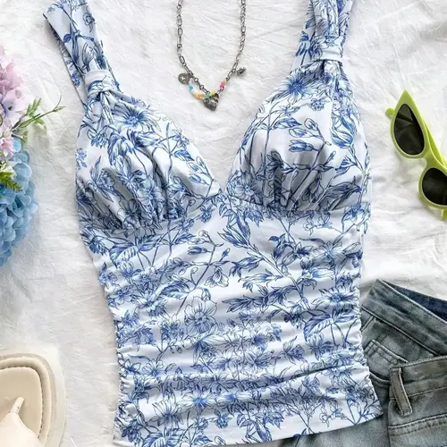 Women's Plants Print Tank Top, Elegant Casual Floral Sleeveless Top for Summer, Floral Beach Tops, Ladies Clothes for Beach Holiday Vacation, Womenswear