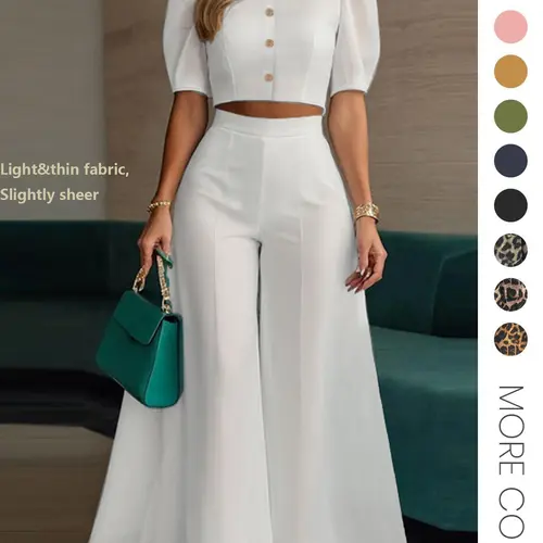 Two-Piece Set Women's Plain Crop Top & Elastic Waist Wide Leg Pants, Elegant Fashion Top & High Waist Trousers for Daily Wear, Summer Matching Set, Women's Clothing for Summer