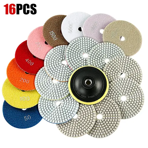 LOZLIN 16PCS 4" Diamond Polishing Pad Kit, 50-3000 Grit Wet/Dry Buffing Discs with 5/8"-11 Backer Pad for Angle Grinders, Concrete, Granite, Marble and Stone Countertops