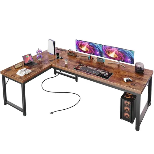 Huuger 63 Inch L Shaped Desk with Power Outlets and USB-C Port, 0.95 Inch Thicker Desktop, Reversible Computer Desk, Larger Office Corner Gaming Desk, for Home Office, Study Monitor Mount, Home Office Furniture, Sturdy Desk