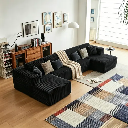【2-3 Packages】Niccae Divideable U-Shaped Dual-Function Modular Sectional Sofa  132.5" Breathable Corduroy Upholstered 5-Seat Minimalist Oversized No-Assembly Living Room Furniture, Fixed Arms, 2 Pillows, Comfy Couch, Bedroom Furniture, U Shaped Sofas, Cou