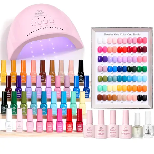 Beetles Glamorous Gel Nail Polish Starter Manicure Kit - UV Lamp, Soak-Off Polish, Base Coat, No-Wipe Pastels, Glitters, Glossy & Matte Top Coats, Assortment Kit, Birthday Gift for Women, Cosmetic
