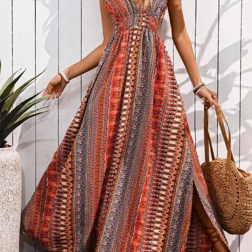 Women's All Over Print Boho Ruched Cut Dress, Elegant Casual Sleeveless Dress for Summer, Women's Clothing for Beach Holiday Vacation