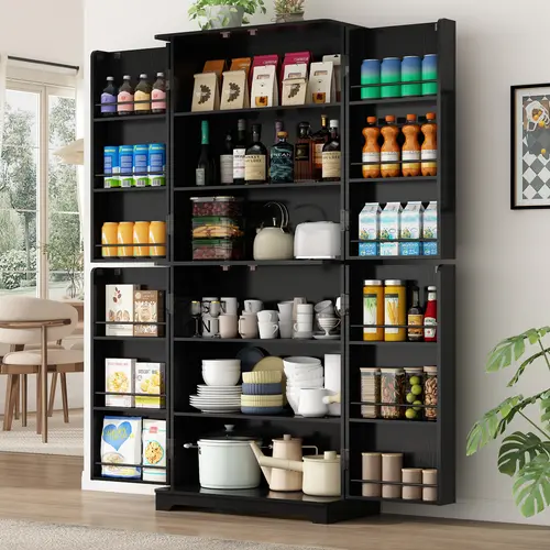 72in Sturdy Freestanding Modern Storage Cupboard with 4 Doors, Adjustable Shelves, Metal Handles - Multi-Layer Organizer for Kitchen, Dining Room, Food Storage Solutions, Maximize Cabinet Space, Modern Look Lifts Any Room, 72" Height