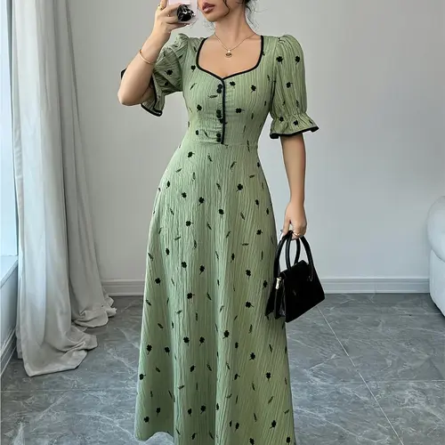 Women's All Over Print Button Decor Dress, Elegant Short Sleeve Dress for Daily and Outdoor Wear, Women's Dress for Summer, Casual Fashion Dresses, French Lazy Dress