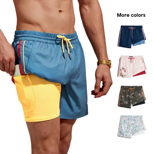 Maamgic Men's 5.5-in RetroWave Striped 2-in-1 Athleisure Swim Trunks - Anti-Chafe Compression Liner, Zipper Pockets, Secure Velcro Pockets, Quick-Dry, Athletic Fit Beachwear (Sporty Chic Activewear)
