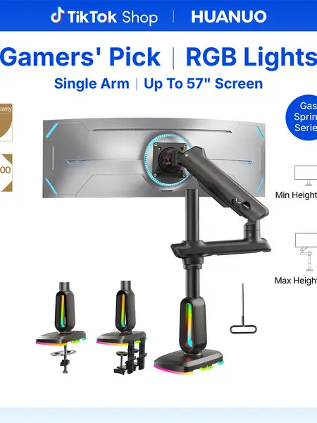 HUANUO Adjustable Ergonomic Heavy-Duty Monitor Arm - Office Furniture Desk Accessory, Space-Saving Single Desk Mount with RGB/Non-RGB Options, 49"-57" Ultrawide Screen Compatibility, 44 lbs Capacity, 29.1" Max Height Tall Stand, Max VESA 100x100mm